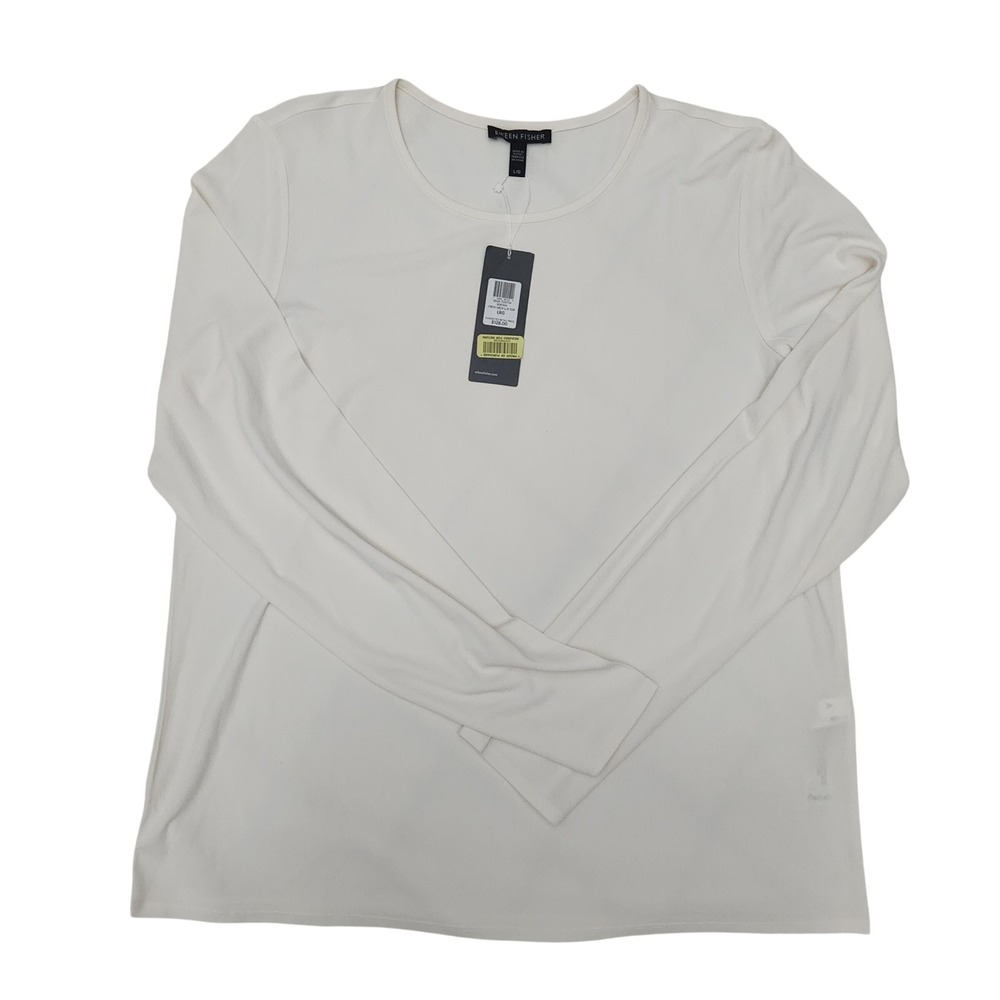 Eileen Fisher Silk Crew Neck Long Sleeve Top Cream EEGK-T0011M Sz L Quiet Luxury